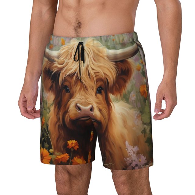 Balery Cute Floral Cow Bañador para hombre, shorts de playa de secado rápido con entrepierna y forro de compresión-Medium