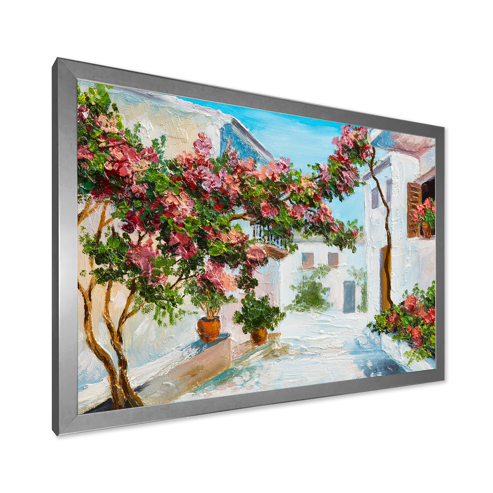 Designart 'Blossoming Flowers With White House Near The Sea' Nautical & Coastal Framed Art Print