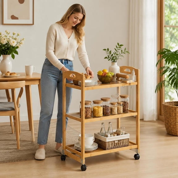 3-Tier Bamboo Storage Cart, with wheels for mobility, natural finish, mobile utility cart