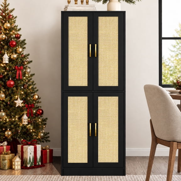 67.7"H Tall Kitchen Pantry Cabinet,Boho Farmhouse Floor Storage Organizer with 2 Rattan Doors & Adjustable Shelf for Kitchen,Dining Room,Black
