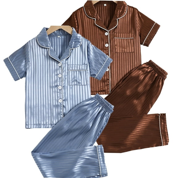 YTDSCS 2Pcs Toddler Kids Satin Pajamas Set for Boys,Little Big Boys Lounge Home Clothing Set Youth Boys Short Sleeve Button-Down Sleepwear Loungewear Set for 6-13T