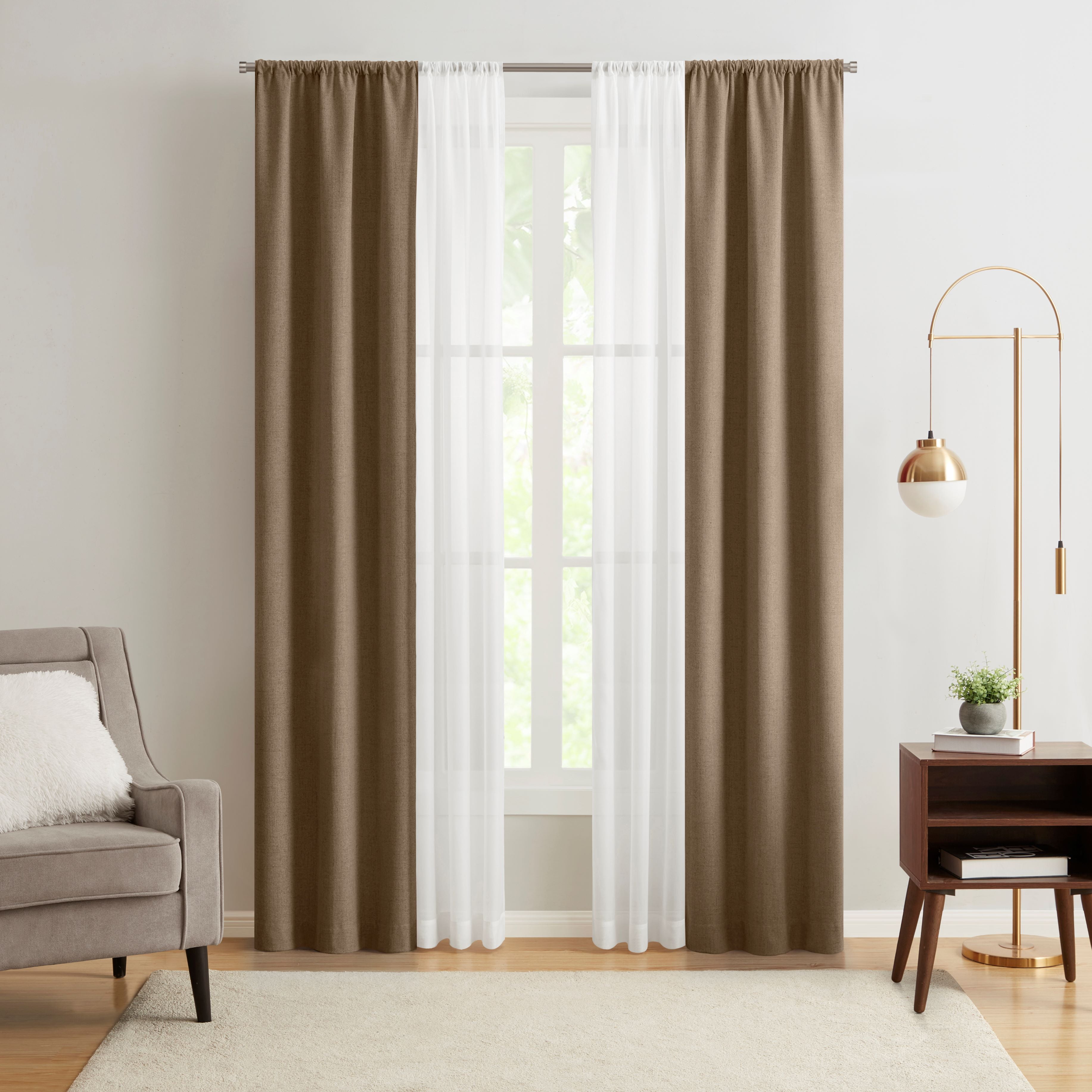 Mainstays Solid Twill Blackout Curtain Panel and Sheers, Set of 4, Brown Bag, 27.5" W x 95" L