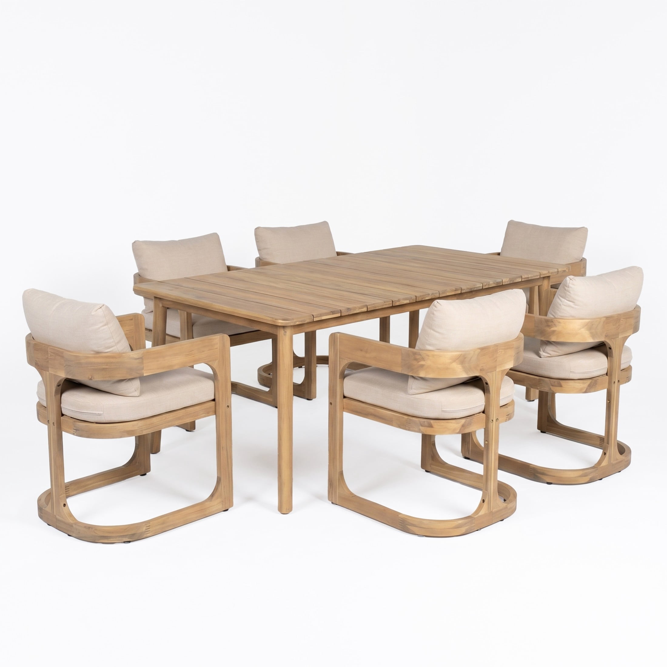Christopher Knight Home 7-Piece Wood Outdoor Dining Set with Cushioned U-Sled Arm Chairs, Light Teak+Natural+Beige