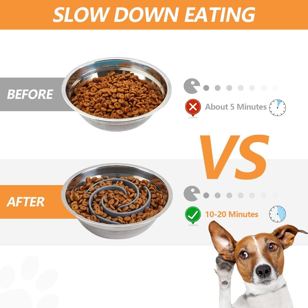 Slow Feeder Dog Bowls Insert,  Soft Silicone Slow Eating Dog Food Bowl for Small, Medium and Large Dogs, Compatible with Regular and Elevated Bowls Grey,S