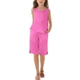 thumbnail image 2 of UACY Girls Linen Set 2 Piece Outfits Sleeveless Camisole Elastic Waist Knee Wide Leg Shorts Summer Outfit (Hot Pink, 5-6 Years), 2 of 7