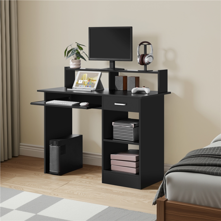 Alden Design Wooden Home Office Computer Desk with Drawers and Keyboard Tray, Black