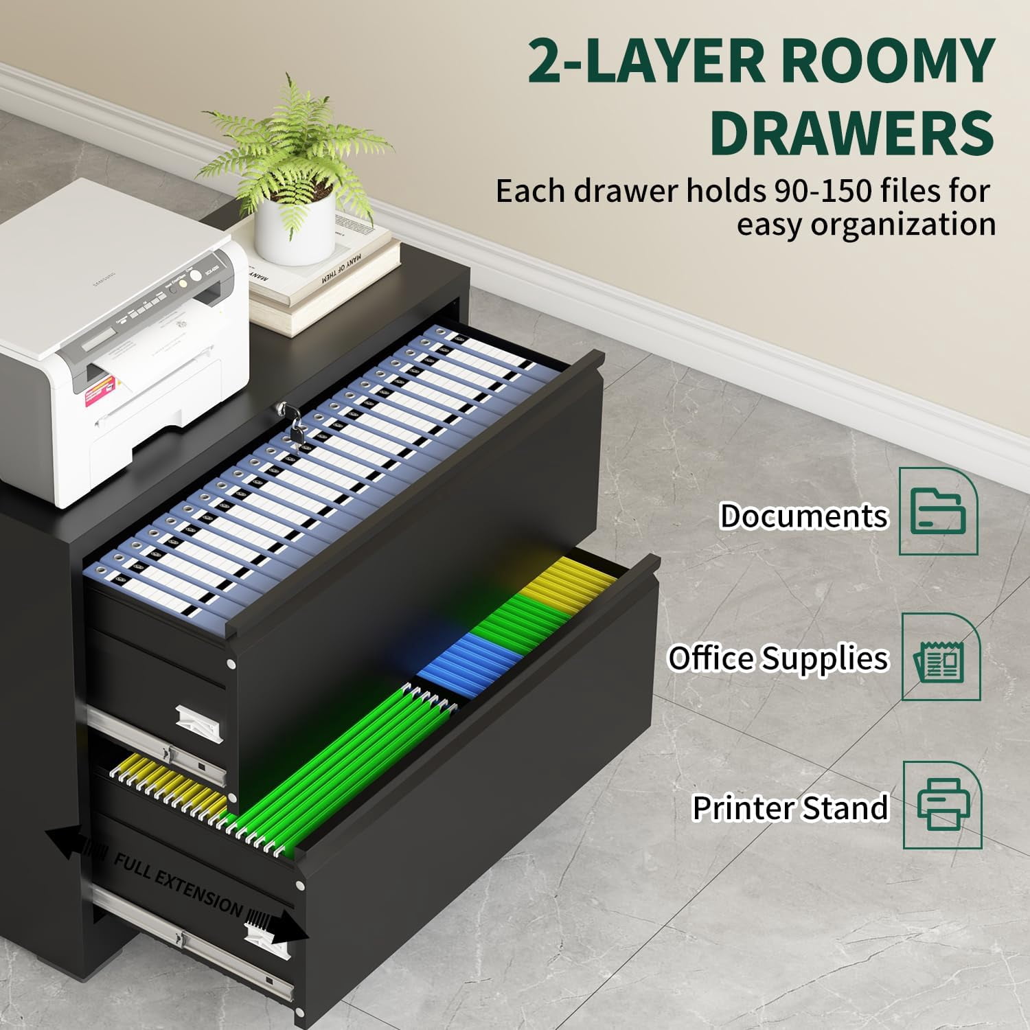 2 Drawer Lateral File Cabinet with Lock, 26.77“W File Cabinets for Home Office Legal/Letter A4 Size, File Cabinet Storage Cabinet,Require Assembly, Black