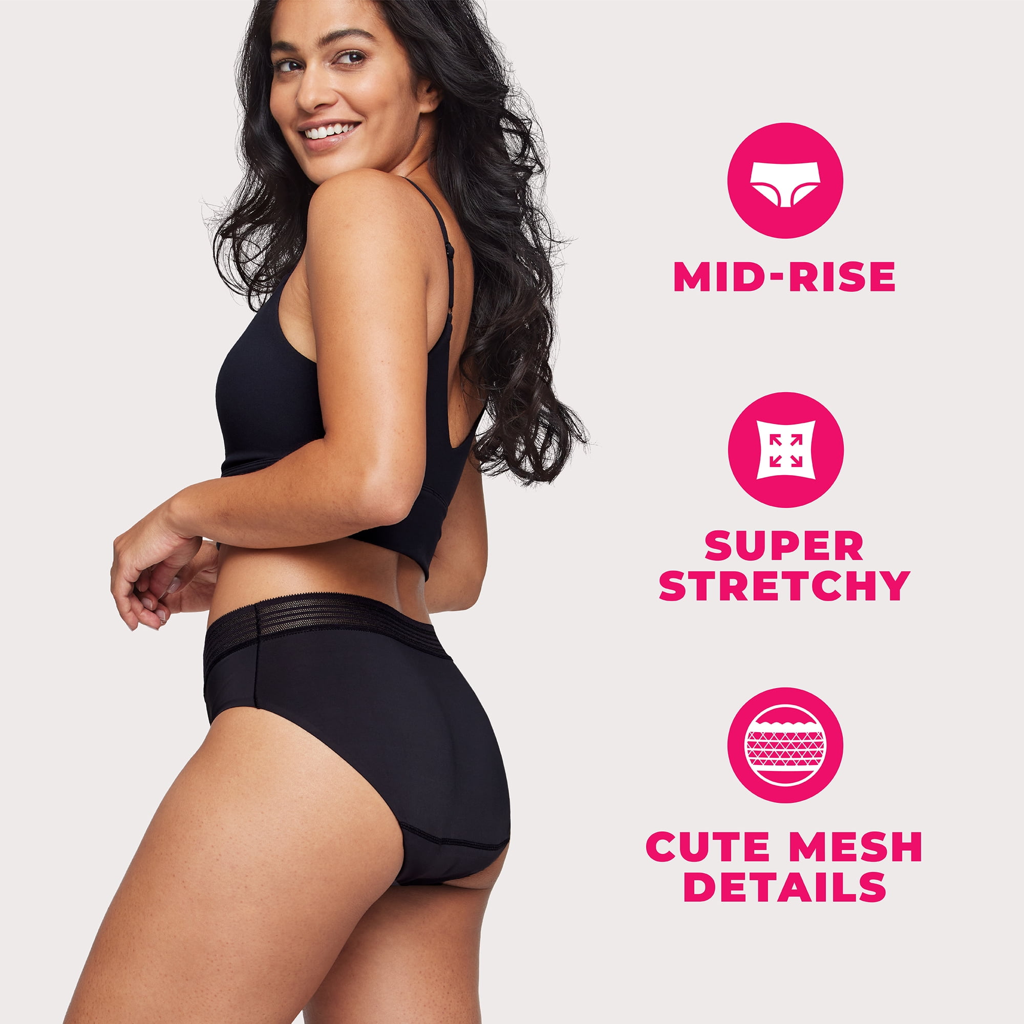 Proof Women's Moderate Absorbency, Brief Mesh Trim Period Underwear, Black, Choose Your Size