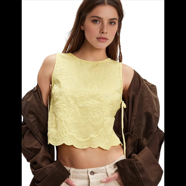 Camisetas Sin Mangas para Mujer Y2K, Cuello Cuadrado, Sin Mangas, con Lazo, Blusa Corta de Verano Elegante para Salir. Amarillo L