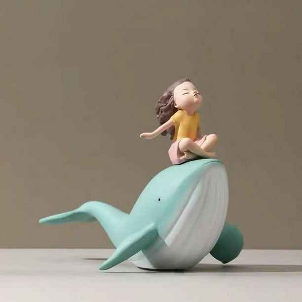 Estatuilla de estatuilla de y ballena linda Escultura Escultura de resina Decoración de animales Artesanía Adorno de escritorio para el Sentado Soledad Estatua de niña ballena