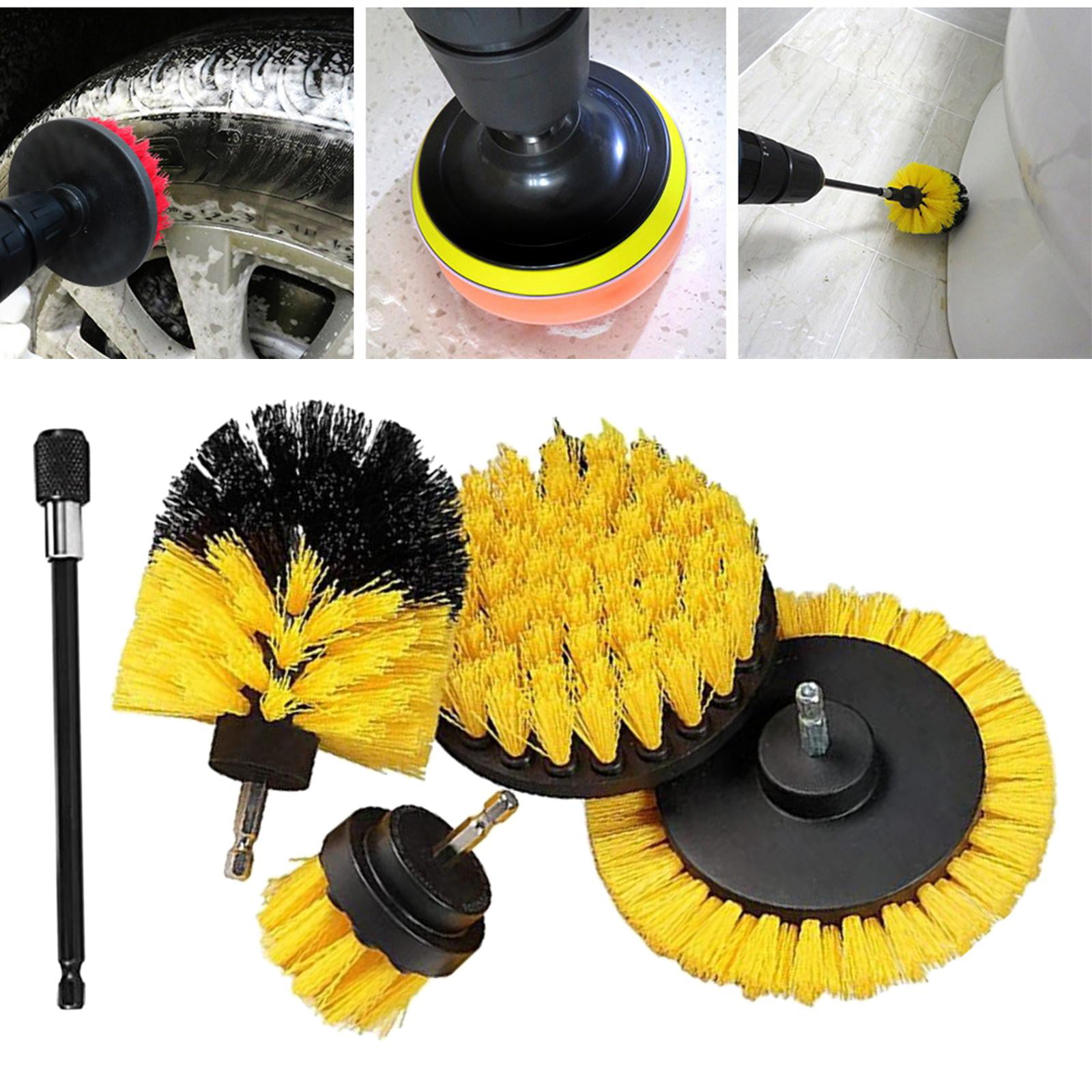 HIWARE Drill Brush Attachment Set, Yellow, Plastic Handle, 3 Sized Brush  Heads for Cleaning Bathtub, Shower, Floor, Carpet, Kitchen, Bathroom, and