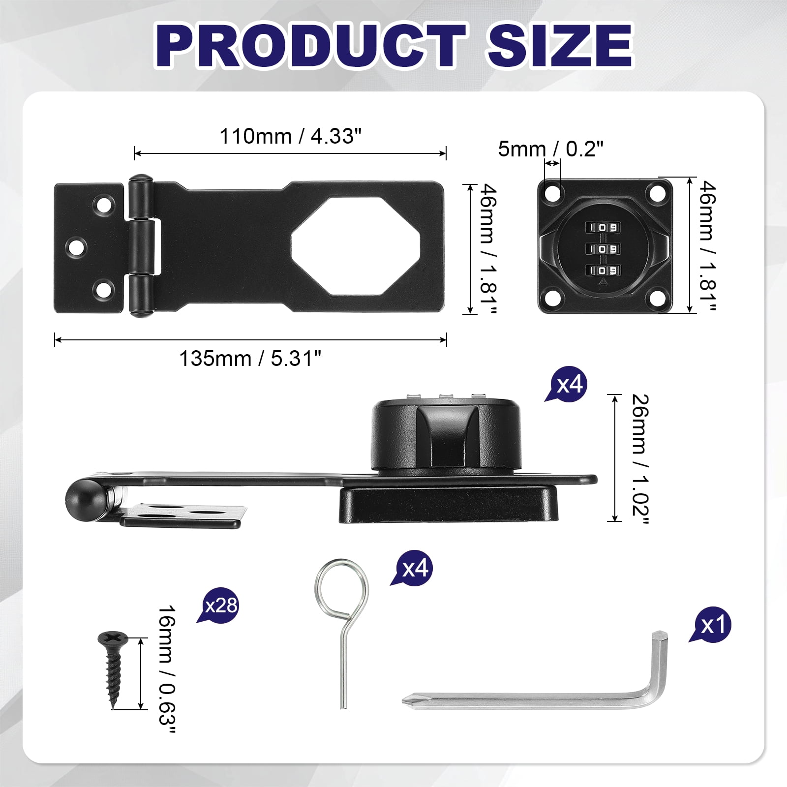 Uxcell 4 Pcs Keyless Cabinet Lock with Combination Code (4.5 Inch) - 3-Digit Password Hasp Latch Lock Mechanical Password Rotary Hasp, for Drawer Closet Cupboard Fence Door, Black