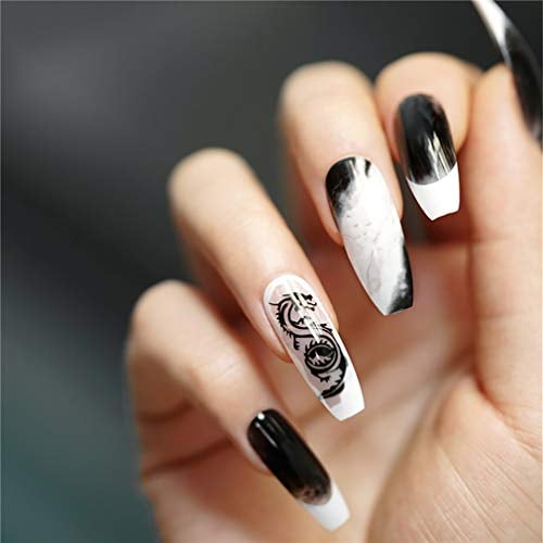 Babalal Coffin Fake Nails 24pcs Blooming Black White False Nails Glossy Acrylic Nail Art Tips For Women And Girls Walmart Com