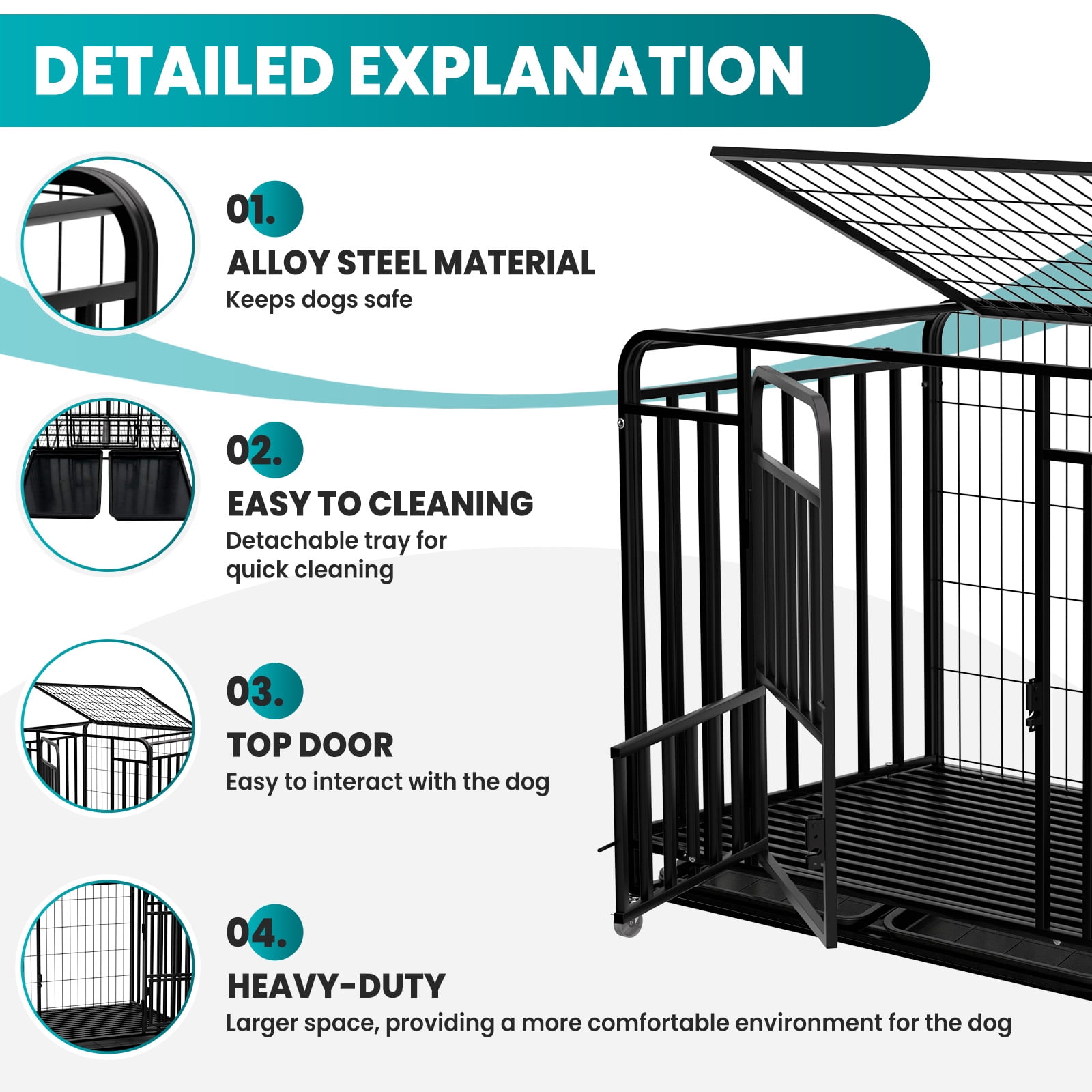 Heavy Duty 42 Inch Dog Crate Cage, Easy to Clean, Dog Kennel with 4 Lockable Wheels, Dog Crates for Indoor Outdoor Pet Housing