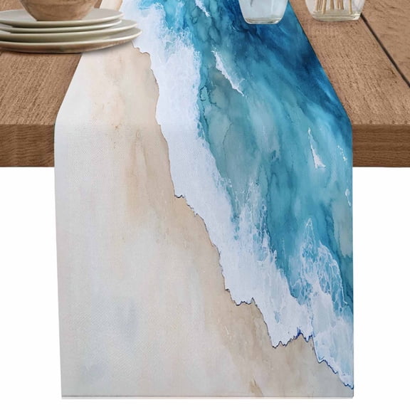 nqOlkjepod Blue Beach Coastal Table Runner 90 Inches Long Farmhouse Dress Scarves, Summer Ocean Waves Gradient Dining Tablerunner for Coffee Table/Kitchen Island/Party Décor, 13" x 90"