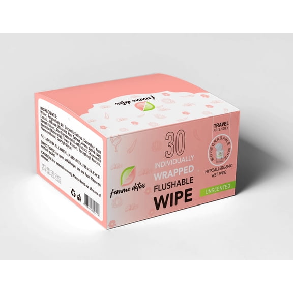 Femme Detox Wipes, pH Balanced, Non-Irritating Moisturizing & Cleansing Hygiene Product Made with Aloe, Biodegradable (30 Count)