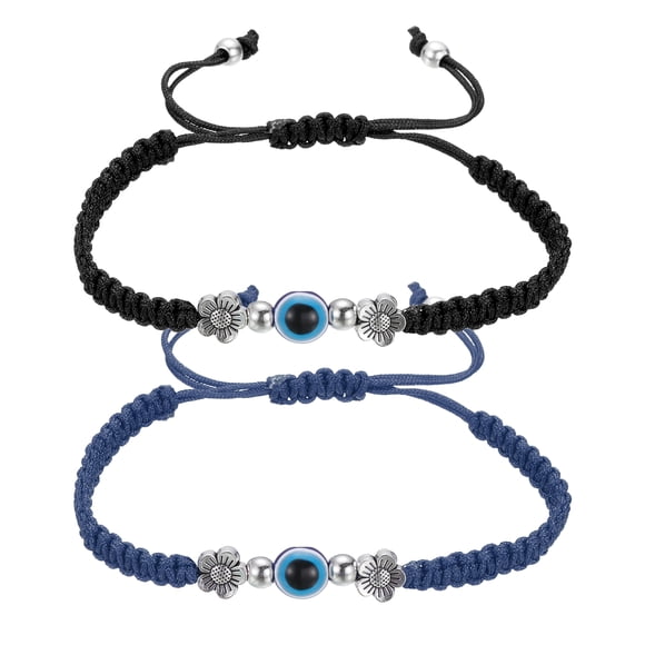 Uxcell Evil Eye Lucky Bracelets, Handmade Braided Rope String Adjustable Protection Bracelets, Minimalist Jewelry for Women Men Friend (Flower Style, Black/Blue)