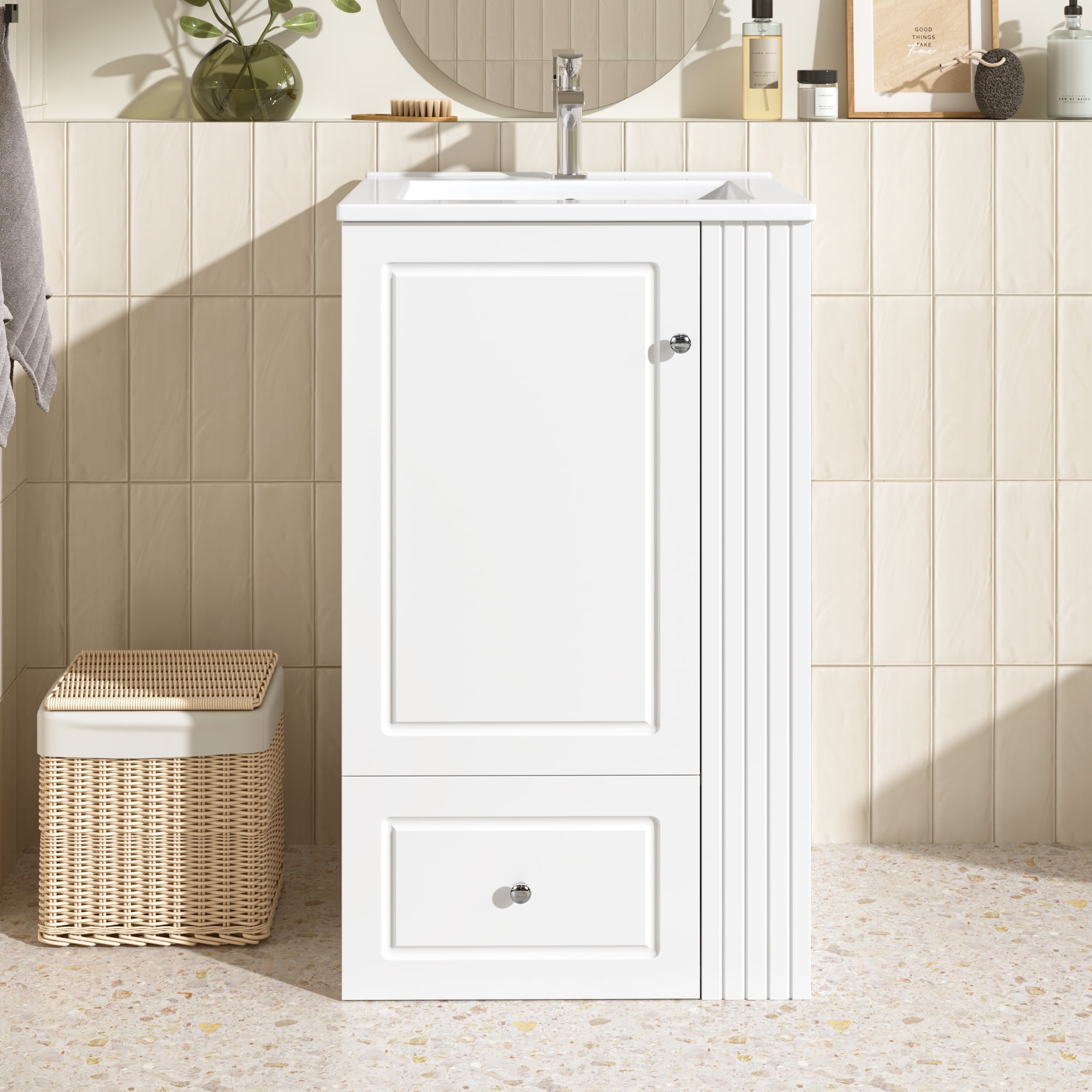 Harper & Bright Designs 20" Freestanding Bathroom Vanity with Ceramic Sink, Bathroom Sink Storage Cabinet with Right Storage Shelf for Small Bathroom, White