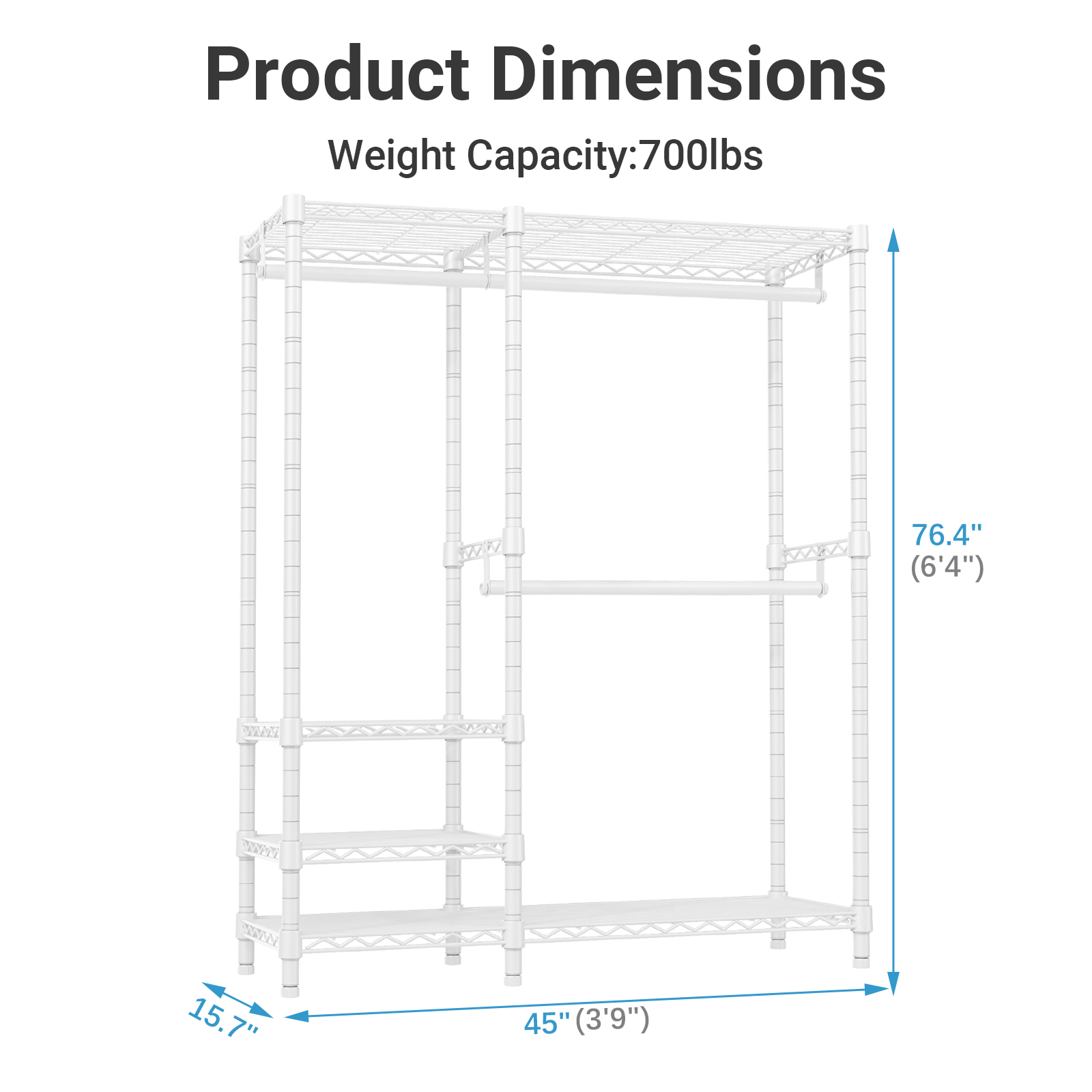 VIPEK V2i Heavy Duty Garment Rack, 700LB Capacity Portable Closet System with 4 Adjustable Shelves & 2 Hanging Rods, Freestanding Wardrobe,White