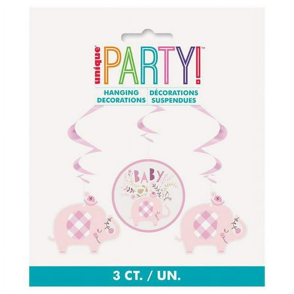 Baby Shower 'Pink Floral Elephant' Foil Hanging Swirl Decorations (3ct)