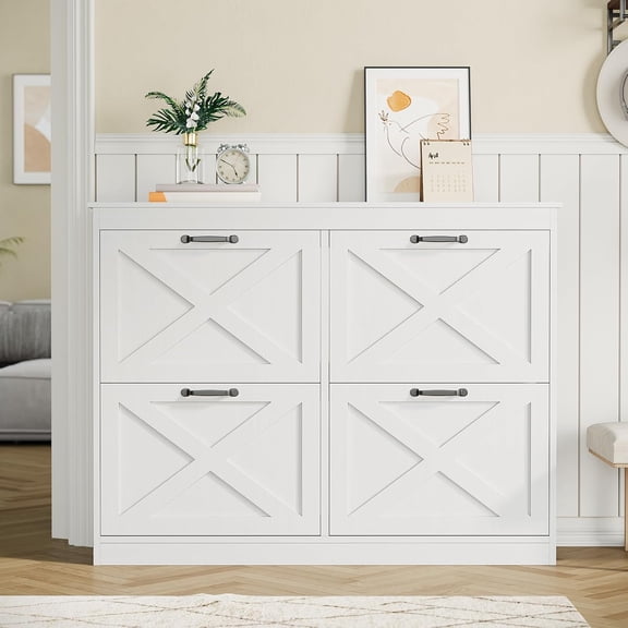 Farmhouse Shoe Cabinet with 4 Flip-Down Drawers, Adjustable Shelves and Narrow Entryway Storage Organizer,White