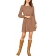 thumbnail image 2 of INSPIRE CHIC Women's Vintage Round Neck Elastic Waist Puff Sleeve Plaid Dress S Brown, 2 of 7