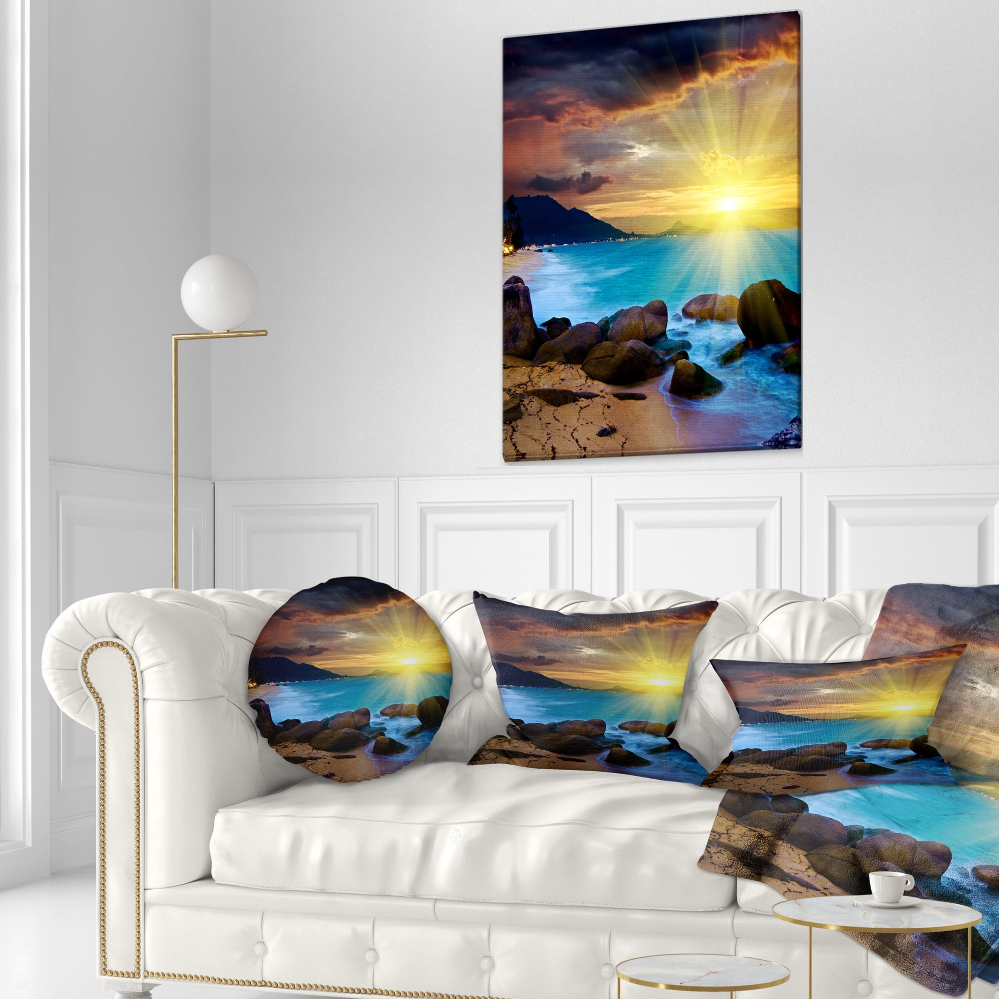 Designart Bright Yellow Sun over Blue Waters - Modern Beach Throw Pillow - 12x20