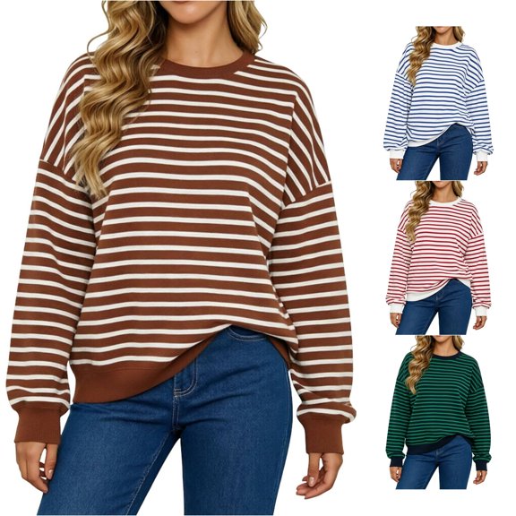 Jane Wardrobe Oversized Striped Crewneck Sweatshirt Women's Balloon Sleeve Layering Pullover 1PC S-XXL Plus Size Friendly