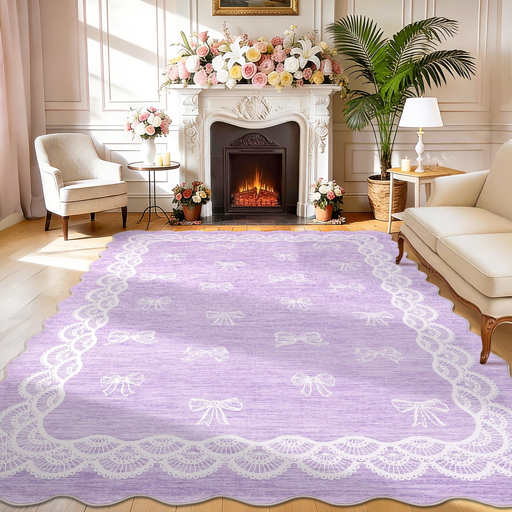 Garvee 8x10 Wave Border Area Rug Coquette Bow Pattern Carpet, Machine Washable Low Pile Rug with Non-Slip Backing for Living Room Bedroom Home Office, Purple