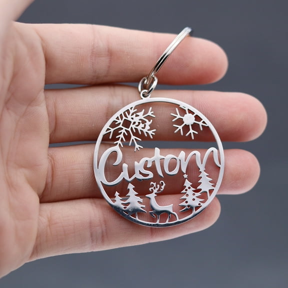 Custom Name Keychain Personalized Snow Elk Key Chain Stainless Steel Pendant Keyrings Christmas Birthday Gift Jewelry