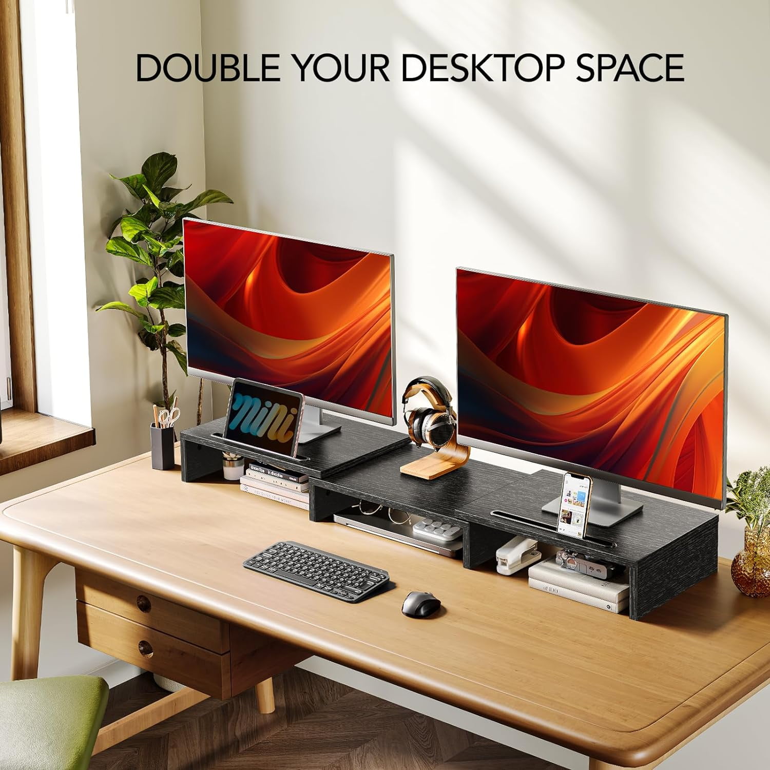 AMERIERGO Dual Monitor Stand Riser for 2 Monitors, Monitor Stand for Desk, Adjustable Computer Monitor Stand with 2 Slot, Multifunctional Desktop Organizer Stand for Laptop, PC, Computer, Printer