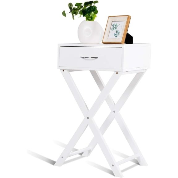 Favory Nightstand with Drawer, X-Shaped Stable Design Sofa Side Table, Space-Saving Accent Furniture, Multifunctional End Table for Living Room Bedroom(1,White)