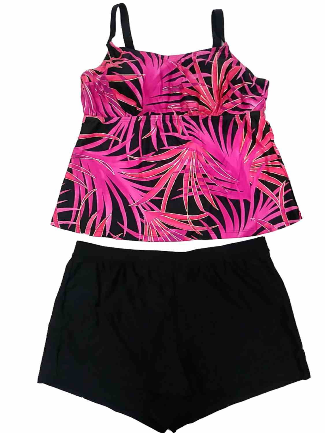 Womens Hot Pink Gold Accent Tropical Leaf 2 Piece Swimming Suit Tankini ...