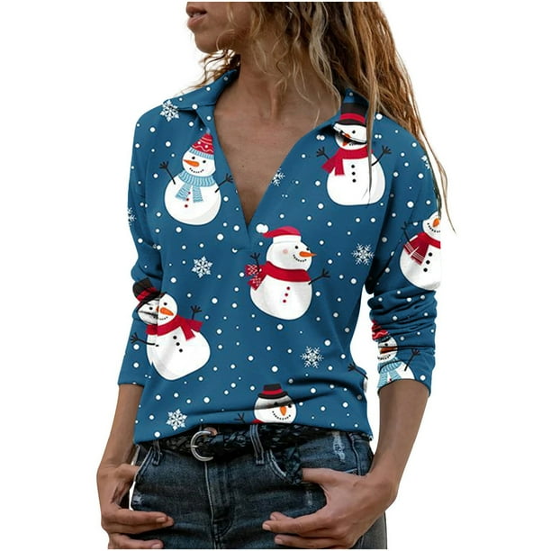 Tops Navideños Para Mujer Blusas de Manga Larga Moda Casual Con Cuello en V Floral Pullover Top Odeerbi ODB186112