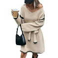 thumbnail image 2 of Tie-Waist Loose Knitted V-Neck Long Sleeved Autumn Dress Contrast Sleeves Pullover Sweater Dress S, 2 of 9