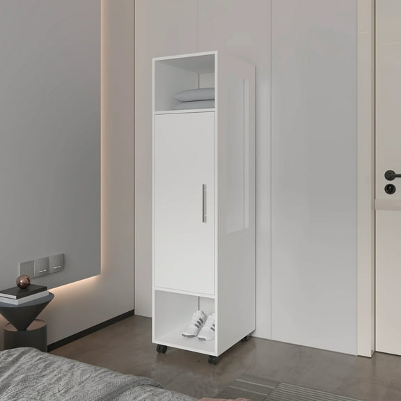 White 1-Door Wardrobe with Mirror and Open Storage