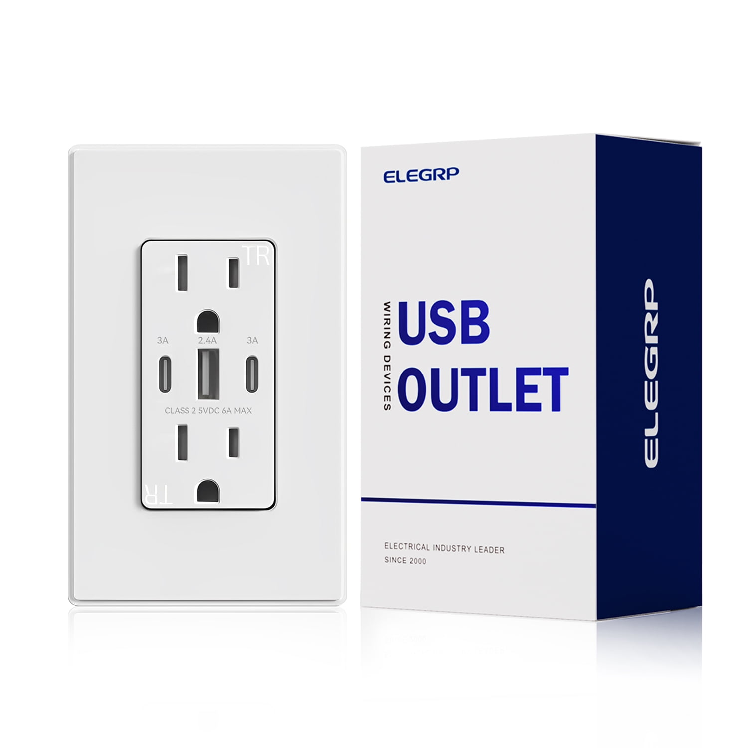 ELEGRP 30W 6.0 Amp 3-Port USB Wall Outlet, 15A Duplex Receptacle with Dual Type C & A Ports,UL Listed,w/Srewless Wall Plate, Matte White 1PC