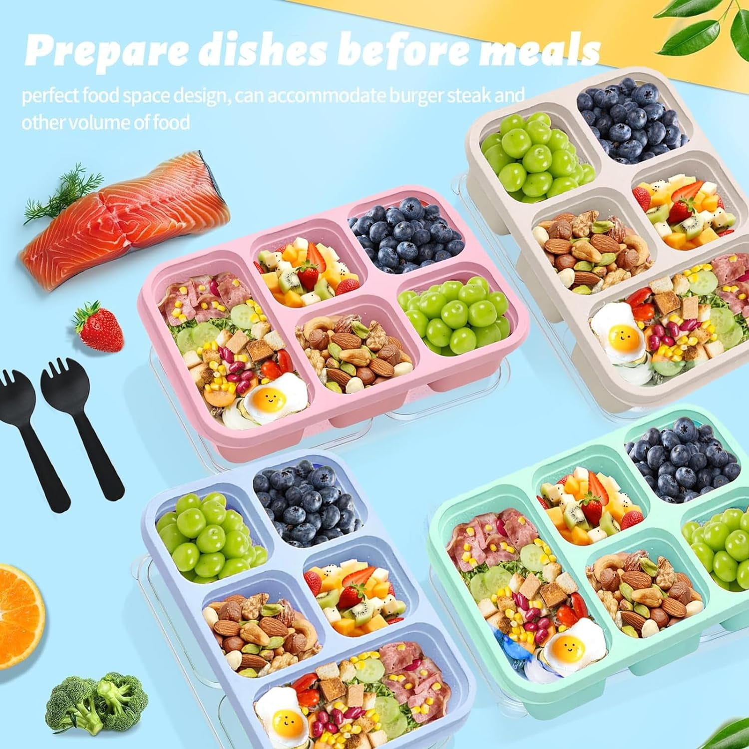 PandaTop Bento Snack Boxes - Reusable 5-Compartment Food Containers for Kids/Toddle/Adults,Divided Snack Containers for School, Work and Travel, Set of 4 Plastic Food Storage Containers