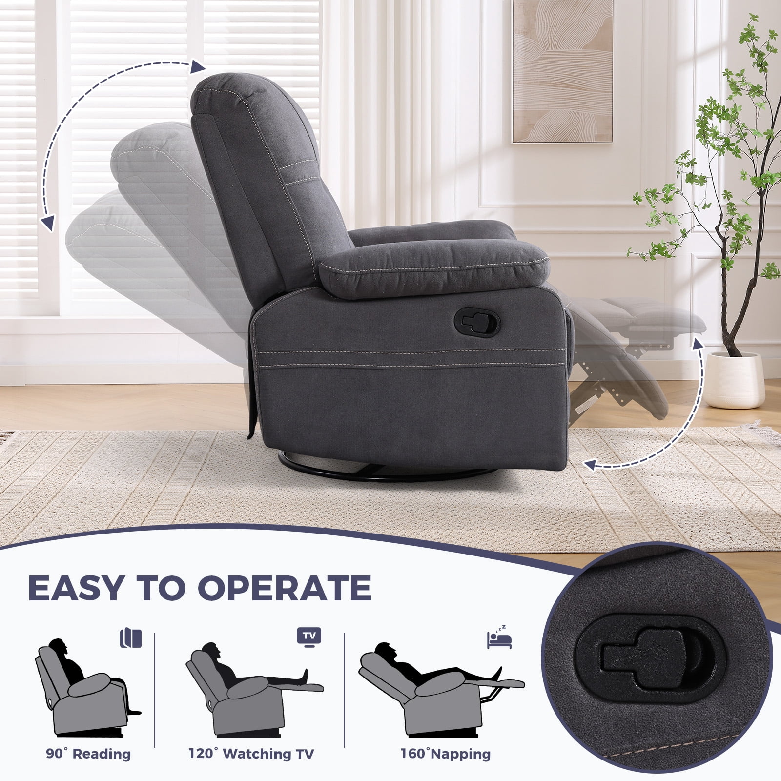 Bonzy Home Swivel Rocker Recliner Chair Manual Recliner Sofa for Living Room Gray