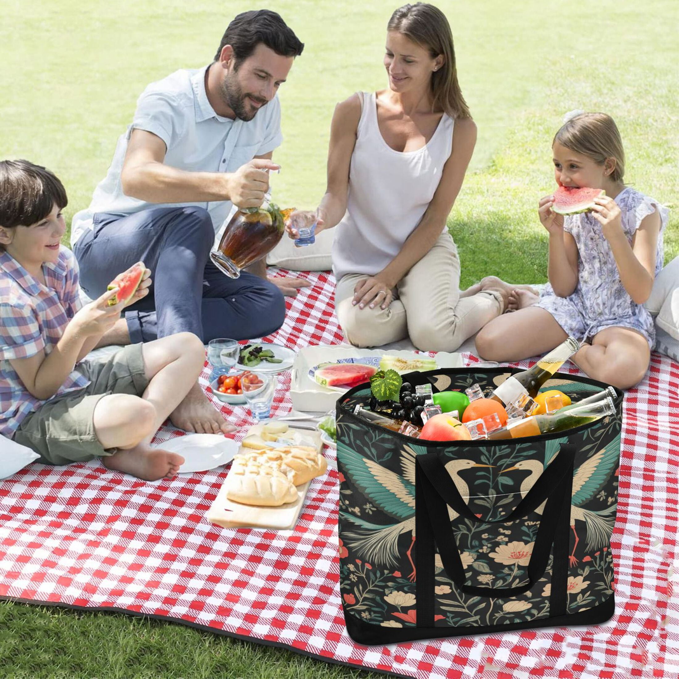 Large Hand-held Ice Pack Picnic Bag Insulation and Refrigeration Suitable for Shopping Picnics and Camping Beautiful Couple Cranes