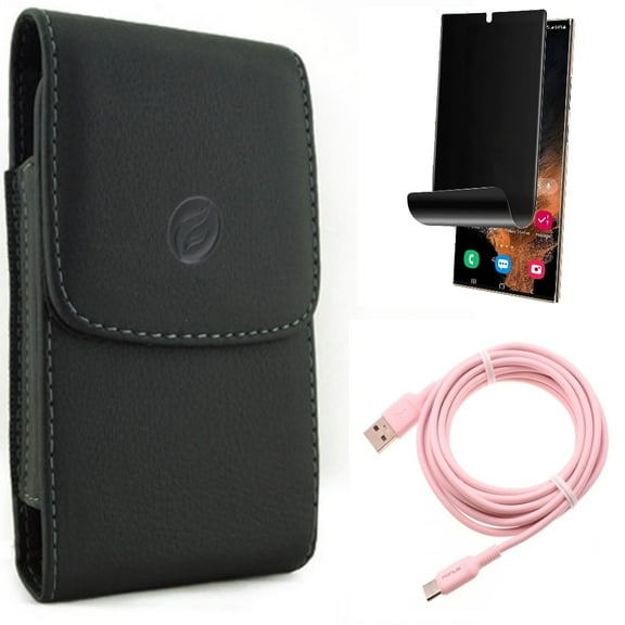 10ft Long USB-C Cable & Privacy Screen Protector & Case Belt Clip for Samsung Galaxy S22 Ultra (6.8") - Combo Pink Charger Cord Power Wire & TPU Film (Fingerprint) Anti-Peep & Leather Holster Cover