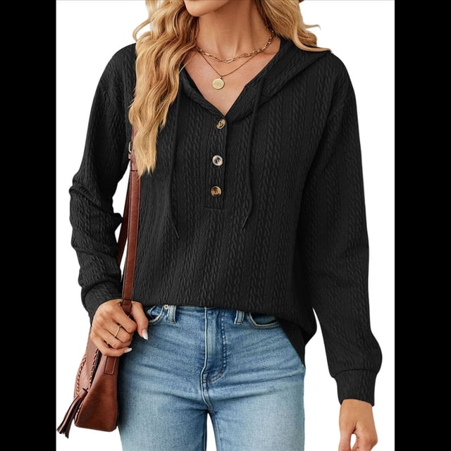 Sudadera con Capucha para Mujer, de Punto, de Larga, con Cordón Ajustable, Botones, Cuello en V, Informal, Tipo Jersey, con Capucha Negro L