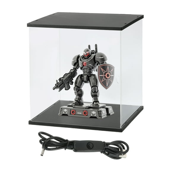Uxcell Clear Display Case, Acrylic Figure Display Case Clear Display Boxes for Collectibles(Line LED Light, 10x10x14" Black Base)