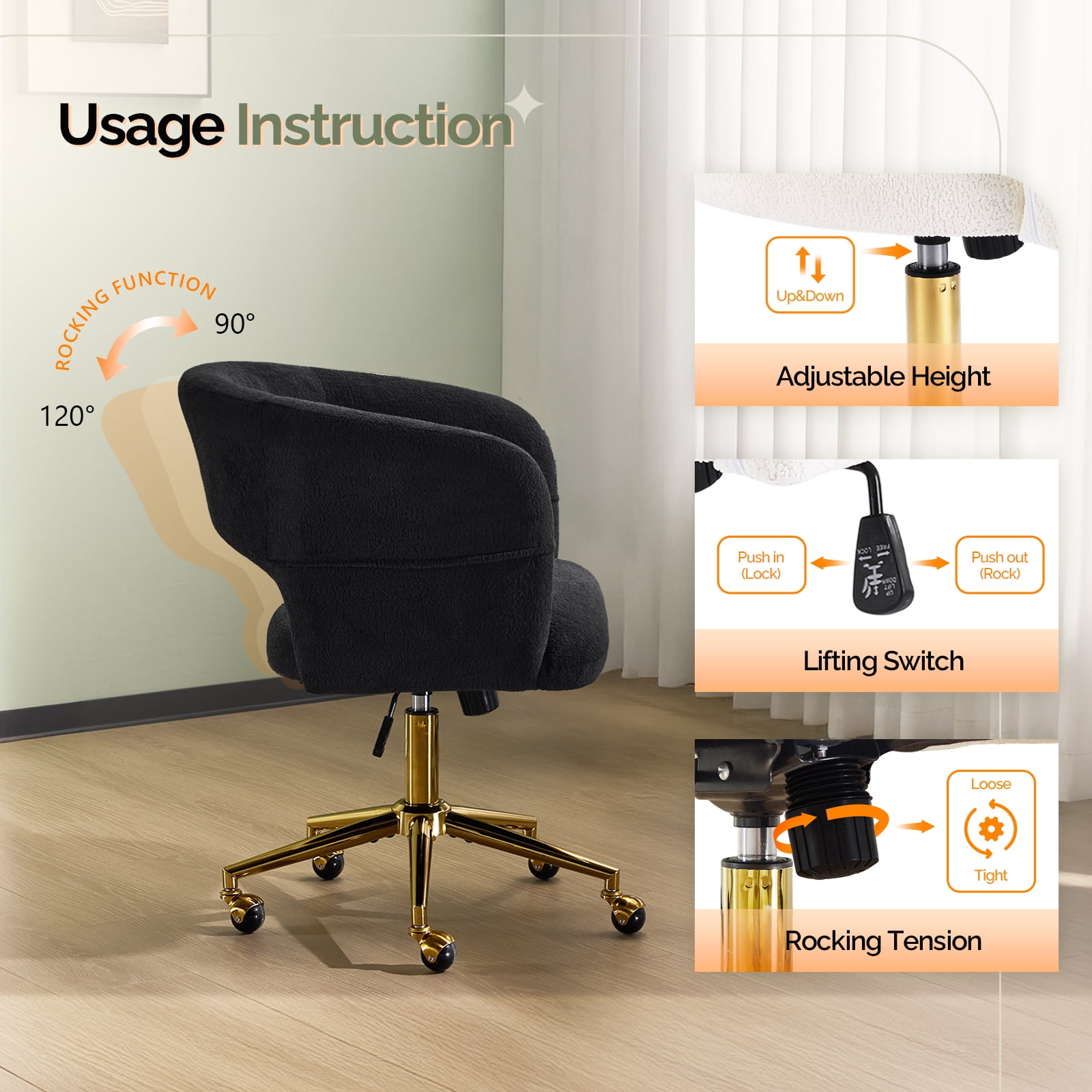 Ktaxon Flannel Accent Chair Multi-Use Makeup Desk Chair with 360 Swivel Adjustable Height for Bedroom Office Dorm Black