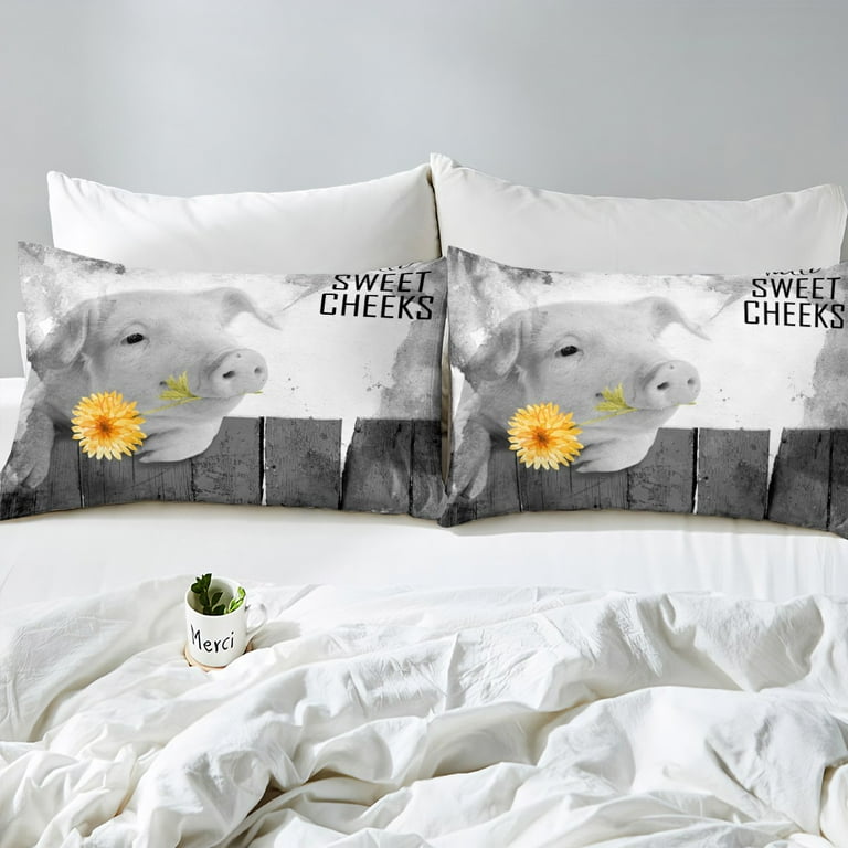 YST Farm Pig Bedding Set Sunflower Comforter Cover For Kids Boys Girls Farmhouse Animal Duvet Cover Rustic Countryside Bedspread Cover Bedroom Decor 2