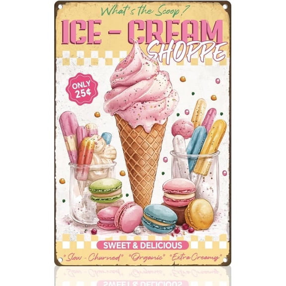 Retro Ice Cream Metal Tin Sign, Vintage Summer Dessert Wall Art Poster, 8 x 12 Inch for Home Coffee Shop Bathroom Decor
