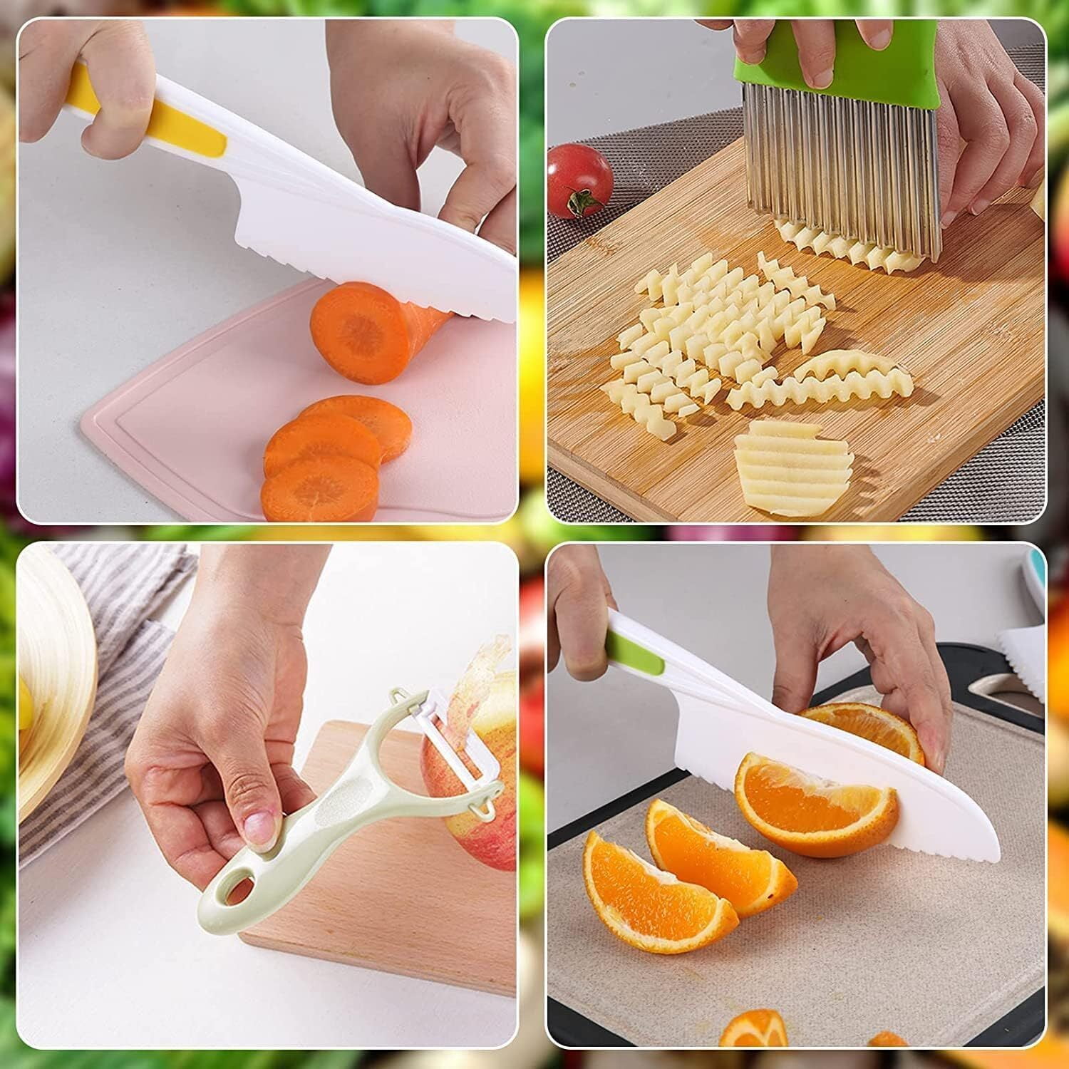 Kids Kitchen Safe Knife Tools for Real Cooking,Toddler Kitchen Tools Wooden Kitchen Knife Set with Gloves Plastic Wooden Knives, Sandwich Cutters Plastic Kid Safe Knives,8 Pcs Bread Cutter for Kids