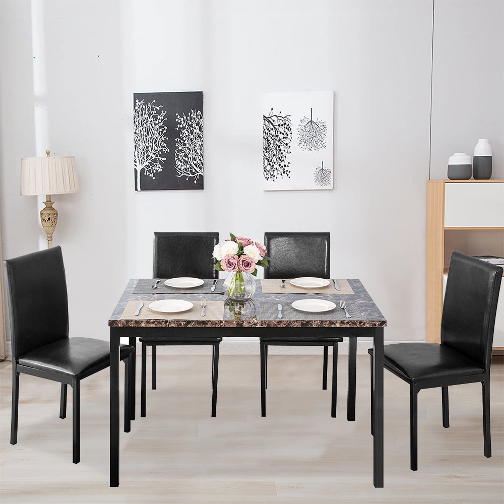 5 Piece Marble Top Dining Table Set For 4