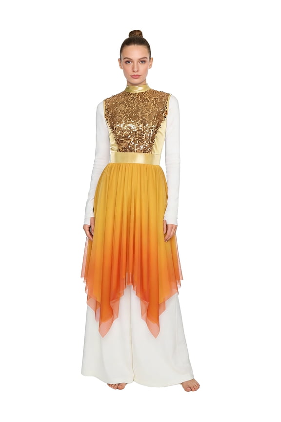 Women Liturgical Praise Dance Dress Sequin Sleeveless Worship Overlay Tunic Lyrical Dancewear Gold XL