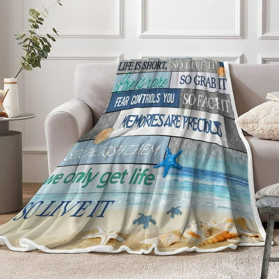 Coastal Ocean Beach Throw Blanket, Summer Blue Seashell Starfish Throw Blanket, Super Warm Cozy Microfiber Flannel Blanket for Couch Chair Sofa Bed Home Outdoor Beach Travel